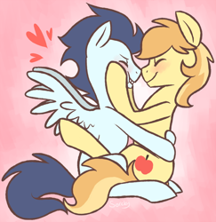 Size: 500x514 | Tagged: safe, artist:sorckylo, braeburn, soarin', blushing, cheek squish, cute, eyes closed, gay, heart, hug, male, shipping, soarburn, squishy cheeks