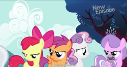 Size: 1151x608 | Tagged: safe, derpibooru import, screencap, apple bloom, diamond tiara, scootaloo, silver spoon, sweetie belle, flight to the finish, cutie mark crusaders, hub logo, meme, youtube caption