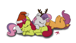 Size: 1200x688 | Tagged: safe, artist:sgtgarand, derpibooru import, apple bloom, scootaloo, sweetie belle, adorabloom, antlers, cuddle puddle, cuddling, cute, cutealoo, cutie mark crusaders, diasweetes, hat, reindeer antlers, santa hat, sleeping, snuggling