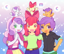 Size: 682x579 | Tagged: dead source, safe, artist:tino_13, apple bloom, scootaloo, sweetie belle, equestria girls, adorabloom, colored pupils, cute, cutealoo, cutie mark crusaders, diasweetes, female, human ponidox, open mouth, pixiv, speech bubble