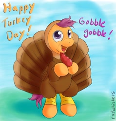 Size: 500x525 | Tagged: safe, artist:ratwhiskers, derpibooru import, scootaloo, pony, bipedal, clothes, costume, cute, cutealoo, scootachicken, scootaturkey, solo, thanksgiving, turkey, turkey costume