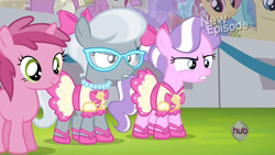 Size: 1920x1080 | Tagged: safe, derpibooru import, screencap, diamond tiara, dizzy twister, goldengrape, orange swirl, ruby pinch, silver spoon, sir colton vines iii, twinkleshine, flight to the finish, clothes, dress, glasses, new episode