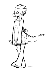 Size: 588x969 | Tagged: safe, artist:gaydragon, spike, dragon, apron, blushing, clothes, cute, monochrome, naked apron, solo