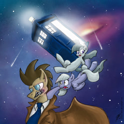 Size: 1050x1056 | Tagged: safe, artist:jorobro, derpibooru import, doctor whooves, limestone pie, marble pie, doctor who, pie sisters, tardis