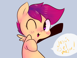 Size: 1280x960 | Tagged: safe, artist:spanish-scoot, derpibooru import, scootaloo, preguntascootaloo, solo, spanish, translated in the comments, wink