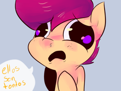 Size: 1280x960 | Tagged: safe, artist:spanish-scoot, derpibooru import, scootaloo, preguntascootaloo, solo, spanish, translated in the comments