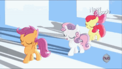 Size: 480x270 | Tagged: safe, derpibooru import, screencap, apple bloom, scootaloo, sweetie belle, flight to the finish, animated, cutie mark crusaders, hearts like horses, hub logo, hubble, shadow, the hub