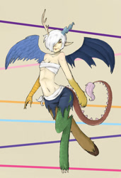 Size: 738x1082 | Tagged: safe, artist:techtechno, derpibooru import, oc, oc only, oc:kaos, satyr, breast binding, light skin, offspring, parent:discord, solo