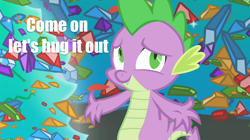 Size: 1054x592 | Tagged: safe, derpibooru import, spike, dragon, caption, hug, solo