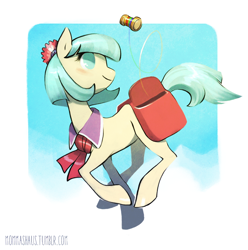 Size: 800x808 | Tagged: safe, artist:sheppymomma, derpibooru import, coco pommel, rarity takes manehattan, collar, rainbow thread, saddle bag, solo, spool, thread