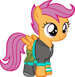 Size: 837x853 | Tagged: safe, artist:zacatron94, derpibooru import, scootaloo, clothes, equestria girls outfit, hoodie, simple background, smiling, solo, transparent background, vector