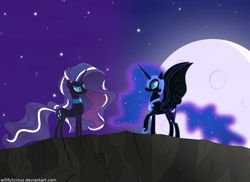 Size: 1024x747 | Tagged: safe, artist:w0lfylicious, idw, nightmare moon, nightmare rarity, alicorn, pony, unicorn, g4, antagonist, duality, female, idw showified, moon, night, ship:dance of the nightmares, show accurate, stars, time paradox