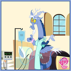 Size: 720x720 | Tagged: safe, discord, blue flu, electrocardiogram, hospital gown, intravenous, iv bag, my little pony logo, shrug, solo