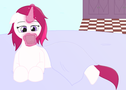 Size: 958x681 | Tagged: safe, artist:voltrathelively, derpibooru import, oc, oc only, pony, unicorn, bed mane, blanket, cup, magic, solo