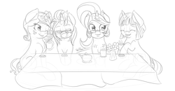 Size: 3000x1565 | Tagged: safe, artist:shelltoon, derpibooru import, oc, oc only, oc:golden hearth, oc:kneaded rubber, oc:lemontwist, oc:succy, grayscale, monochrome, tea, tea party, teacup, teapot