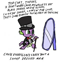 Size: 590x627 | Tagged: safe, artist:closer-to-the-sun, derpibooru import, spike, dragon, clothes, hat, lyrics, mirror, sharp dressed man, singing, song, song reference, suit, top hat, tuxedo, zz top