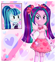 Size: 1938x2131 | Tagged: safe, artist:vixelzf, aria blaze, sonata dusk, equestria girls, arisona, bracelet, clothes, dress, evening gloves, female, gloves, lesbian, necklace, shipping, stockings