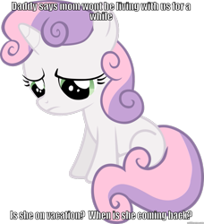 Size: 853x937 | Tagged: safe, derpibooru import, sweetie belle, caption, divorce, image macro, implied divorce, naive sweetie belle, naivete of youth, sad, solo