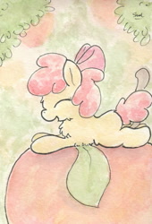 Size: 681x1004 | Tagged: safe, artist:slightlyshade, derpibooru import, apple bloom, apple, eyes closed, solo, traditional art