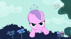 Size: 1401x768 | Tagged: safe, derpibooru import, screencap, diamond tiara, flight to the finish, season 4, hub logo, solo