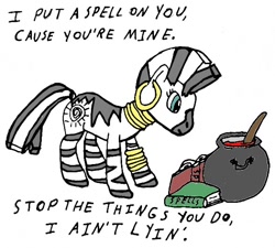 Size: 588x530 | Tagged: safe, artist:closer-to-the-sun, derpibooru import, zecora, zebra, book, lyrics, pot, screamin' jay hawkins