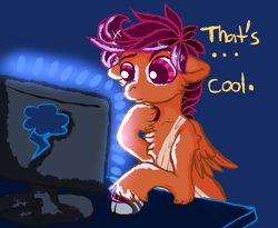 Size: 1300x1067 | Tagged: safe, artist:coppahhead, derpibooru import, scootaloo, ask, ask ftm scootaloo, breast binding, computer, hooves, solo, transgender, tumblr, unshorn fetlocks