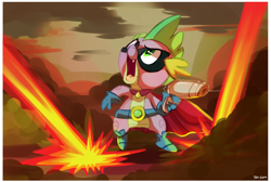 Size: 910x610 | Tagged: safe, artist:pepooni, derpibooru import, humdrum, spike, dragon, power ponies (episode), action pose, cape, clothes, mask, power ponies, solo