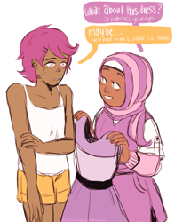 Size: 649x786 | Tagged: safe, artist:nyan-cow, scootaloo, sweetie belle, human, clothes, dark skin, dialogue, dressing, hijab, humanized, islam, transgender