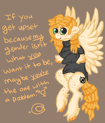 Size: 1200x1400 | Tagged: safe, derpibooru import, oc, oc only, pegasus, pony, dreadlocks, freckles, solo, text, transgender, unshorn fetlocks