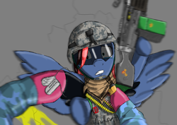 Size: 500x353 | Tagged: safe, artist:rauhfasertapete, derpibooru import, oc, oc only, pegasus, pony, battlefield 3, bullet, crying, death, dog tags, execution, gritted teeth, hoof hold, military, military uniform, on back, solar empire, soldier, spread wings, wide eyes