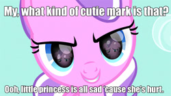 Size: 1024x576 | Tagged: safe, derpibooru import, diamond tiara, caption, evil diamond tiara, eye reflection, harsher in hindsight, hilarious in hindsight, image macro, paradox, self abuse, self deprecation, self loathing, self paradox, tiarabuse