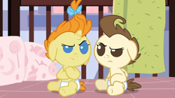 Size: 1054x592 | Tagged: safe, derpibooru import, screencap, pound cake, pumpkin cake, a friend in deed, angry, colt, crossed arms, diaper, diapered, diapered colt, diapered filly, diapered foals, duo, female, filly, looking at each other, male, one month old colt, one month old filly, one month old foals, white diapers