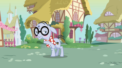 Size: 1050x590 | Tagged: safe, derpibooru import, screencap, mr. waddle, earth pony, pony, a friend in deed, blush sticker, blushing, bowtie, bubble pipe, elderly, glasses, liver spots, male, solo, stallion