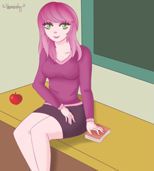 Size: 1357x1500 | Tagged: safe, artist:verminshy, derpibooru import, cheerilee, human, apple, book, chalkboard, desk, humanized, light skin, sitting, solo