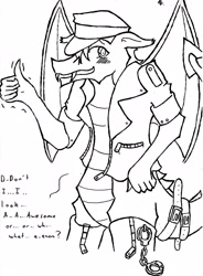 Size: 2464x3340 | Tagged: safe, artist:mcbain, derpibooru import, fizzle, dragon, clothes, leather jacket, monochrome, solo, teenaged dragon