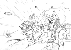 Size: 1024x719 | Tagged: safe, artist:php64, explosion, monochrome, running, traditional art, war