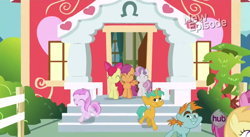 Size: 850x466 | Tagged: safe, derpibooru import, screencap, apple bloom, noi, piña colada, ruby pinch, scootaloo, snails, snips, sweetie belle, flight to the finish, animation error, applecore, blank flank, cutie mark crusaders, hub logo, piña cutelada