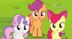 Size: 848x466 | Tagged: safe, derpibooru import, screencap, apple bloom, scootaloo, sweetie belle, flight to the finish, cutie mark crusaders, hub logo