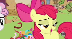 Size: 850x465 | Tagged: safe, derpibooru import, screencap, apple bloom, sweetie belle, flight to the finish, hub logo, lidded eyes