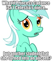 Size: 436x504 | Tagged: safe, derpibooru import, lyra heartstrings, pony, unicorn, conspiracy lyra, exploitable meme, female, green coat, horn, image macro, looking at you, mare, meme, open mouth, simple background, solo, text, two toned mane