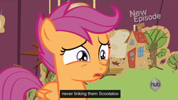 Size: 1600x900 | Tagged: safe, derpibooru import, screencap, scootaloo, flight to the finish, meme, scootasad, solo, youtube, youtube caption