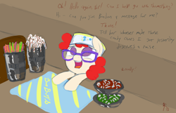 Size: 1400x900 | Tagged: safe, artist:aa, derpibooru import, twist, earth pony, pony, filly, glasses, hat, solo, sweets