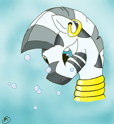 Size: 792x864 | Tagged: safe, artist:bluesapphire97, zecora, zebra, bubble, bust, cross-eyed, ear piercing, earring, female, gradient background, head tilt, jewelry, looking at something, mare, necklace, piercing, smiling, solo