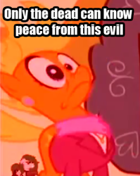 Size: 335x420 | Tagged: safe, derpibooru import, ms. harshwhinny, flight to the finish, image macro, only the dead can know peace from this evil, text