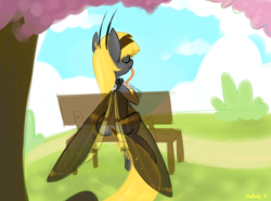 Size: 900x665 | Tagged: safe, artist:meekcheep, derpibooru import, oc, oc only, oc:hexferry, mothpony, original species, behind, bench, drinking, eyes closed, moth pony general, outdoors, plot, proboscis, sitting, solo, tentacle tongue, tongue out