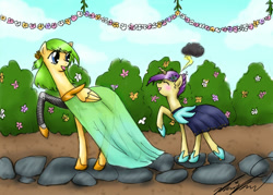 Size: 900x643 | Tagged: safe, artist:arans-thief, oc, oc only, oc:gold star, oc:shattered light, cyborg, pegasus, pony, unicorn, clothes, dress, female, filly, gala dress, mare, mother and child, mother and daughter, parent and child