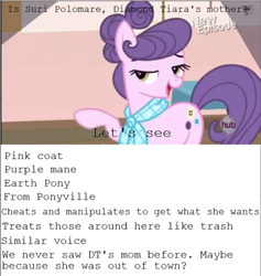 Size: 500x528 | Tagged: safe, derpibooru import, diamond tiara, suri polomare, rarity takes manehattan, season 4, headcanon, jossed, mother