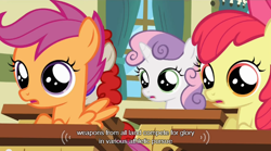 Size: 640x355 | Tagged: safe, derpibooru import, screencap, apple bloom, scootaloo, sweetie belle, flight to the finish, cutie mark crusaders, meme, mlp-captions, youtube caption