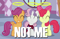 Size: 766x500 | Tagged: safe, derpibooru import, edit, edited screencap, screencap, apple bloom, scootaloo, sweetie belle, stare master, cutie mark crusaders, family circus, halo, image macro, meme, reference