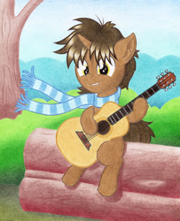 Size: 2000x2465 | Tagged: safe, artist:agamnentzar, derpibooru import, oc, oc only, oc:daniel ingram, chest fluff, clothes, daniel ingram, guitar, ponified, scarf, solo, traditional art